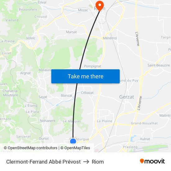 Clermont-Ferrand Abbé Prévost to Riom map