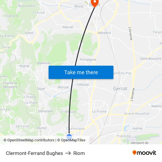 Clermont-Ferrand Bughes to Riom map