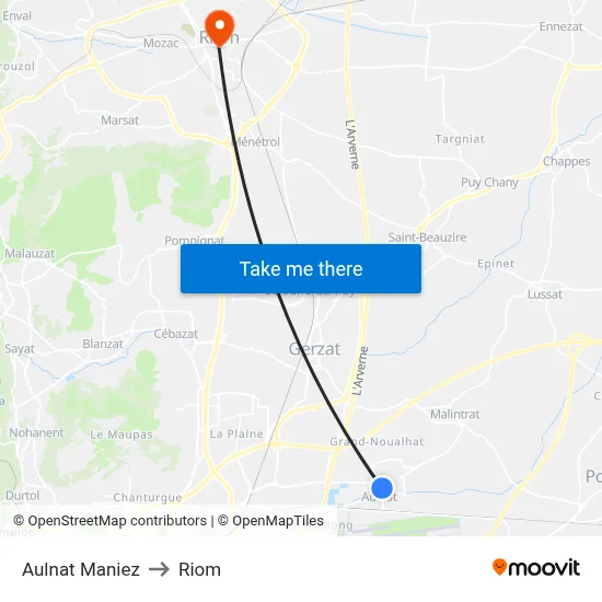 Aulnat Maniez to Riom map