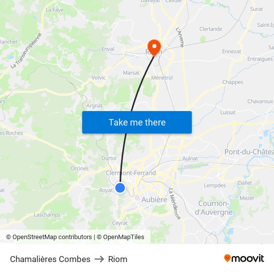 Chamalières Combes to Riom map