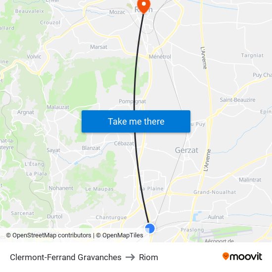 Clermont-Ferrand Gravanches to Riom map