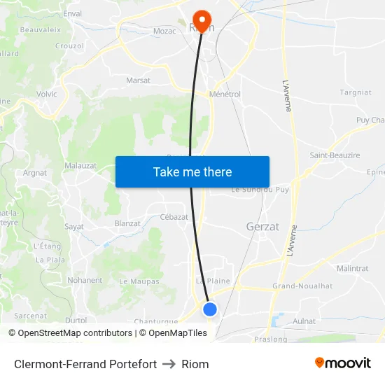Clermont-Ferrand Portefort to Riom map