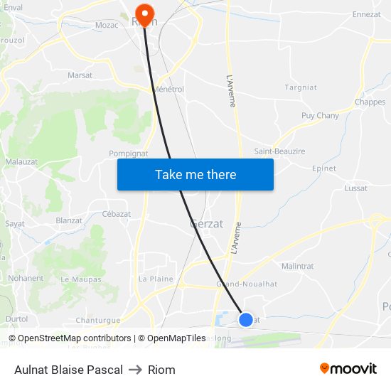 Aulnat Blaise Pascal to Riom map