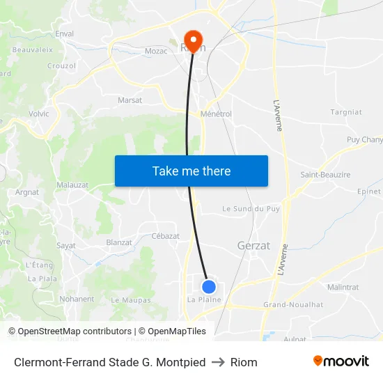 Clermont-Ferrand Stade G. Montpied to Riom map