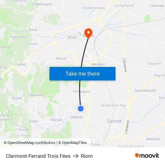 Clermont-Ferrand Trois Fées to Riom map