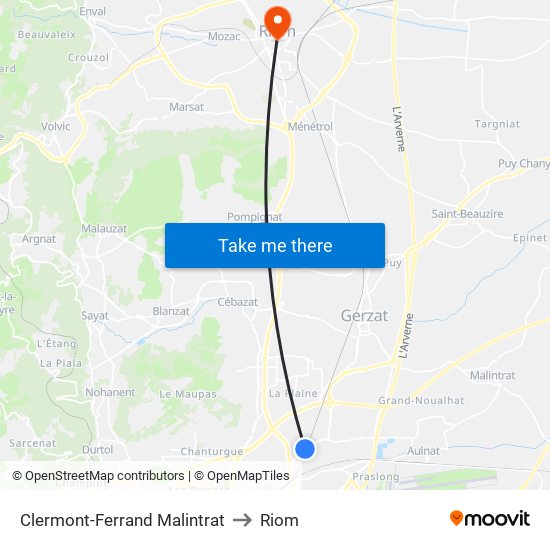 Clermont-Ferrand Malintrat to Riom map