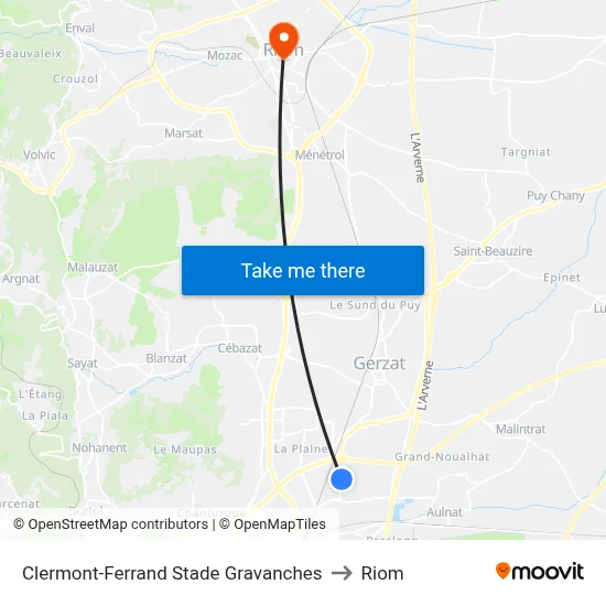 Clermont-Ferrand Stade Gravanches to Riom map