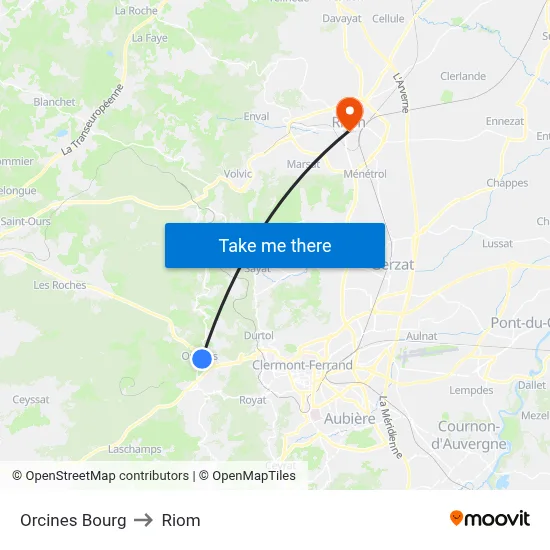 Orcines Bourg to Riom map