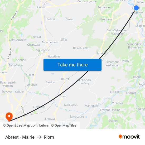 Abrest - Mairie to Riom map