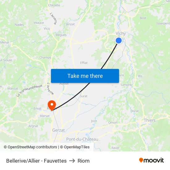 Bellerive/Allier - Fauvettes to Riom map