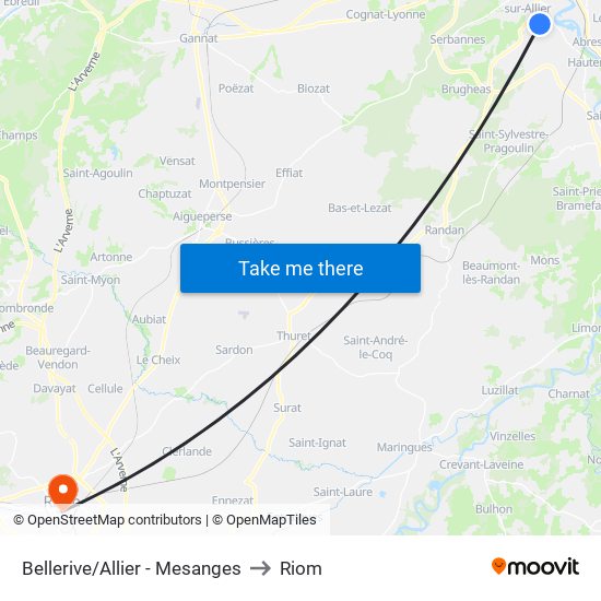 Bellerive/Allier - Mesanges to Riom map