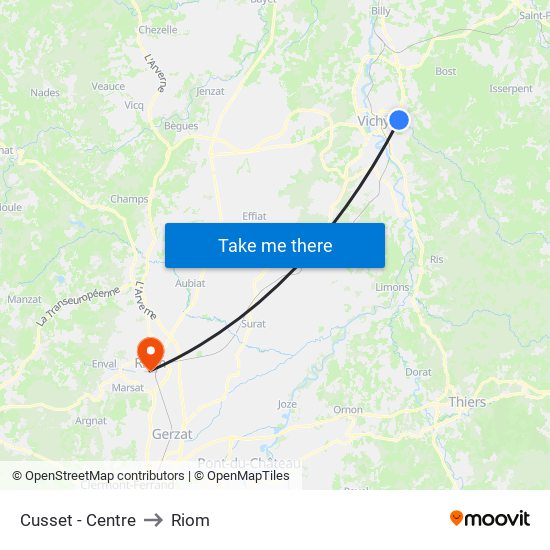 Cusset - Centre to Riom map