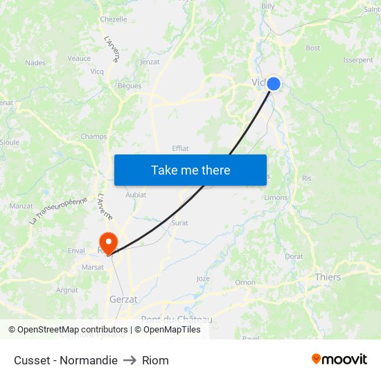 Cusset - Normandie to Riom map