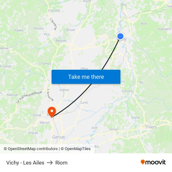 Vichy - Les Ailes to Riom map