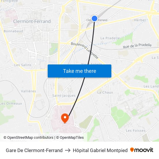 Gare De Clermont-Ferrand to Hôpital Gabriel Montpied map