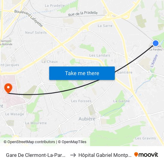 Gare De Clermont-La-Pardieu to Hôpital Gabriel Montpied map