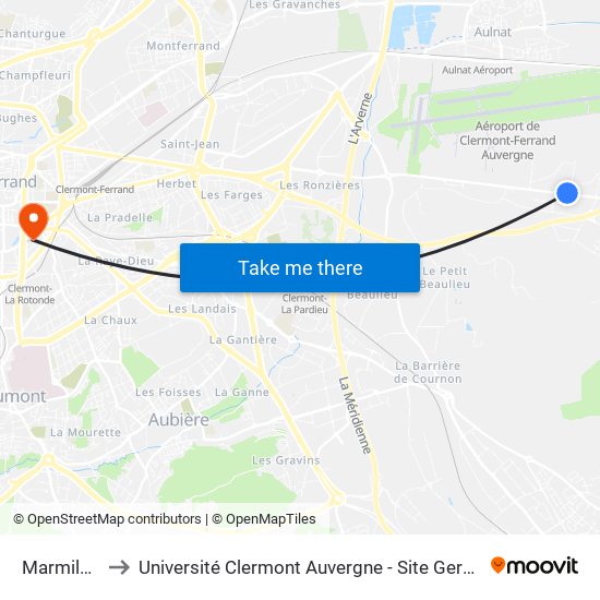 Marmilhat to Université Clermont Auvergne - Site Gergovia map