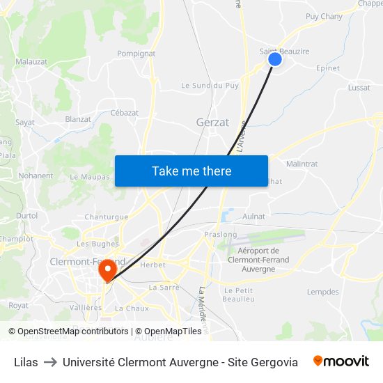 Lilas to Université Clermont Auvergne - Site Gergovia map