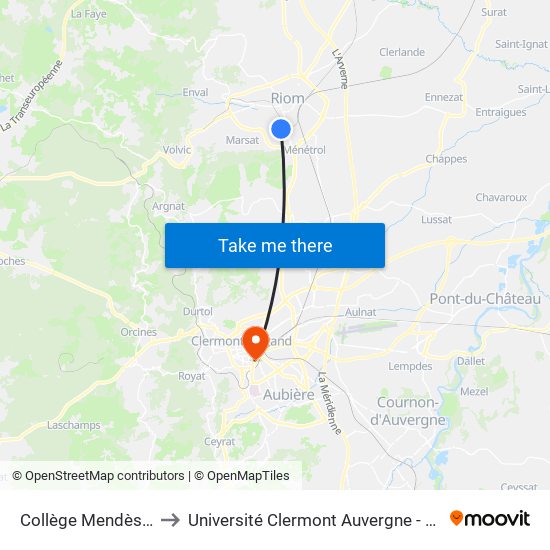 Collège Mendès France to Université Clermont Auvergne - Site Gergovia map