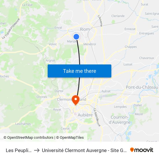 Les Peupliers to Université Clermont Auvergne - Site Gergovia map