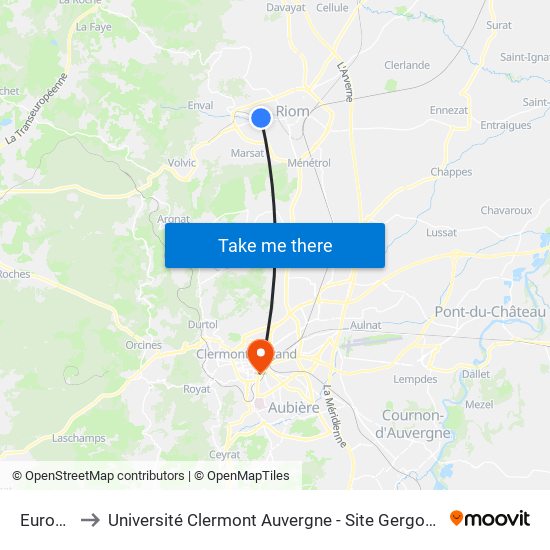 Europe to Université Clermont Auvergne - Site Gergovia map