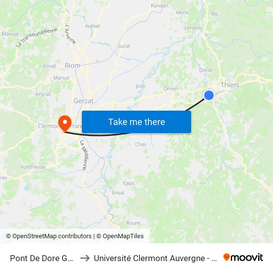 Pont De Dore Gare Sncf to Université Clermont Auvergne - Site Gergovia map