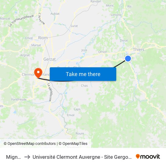 Mignot to Université Clermont Auvergne - Site Gergovia map