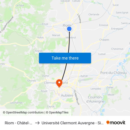 Riom - Châtel-Guyon to Université Clermont Auvergne - Site Gergovia map