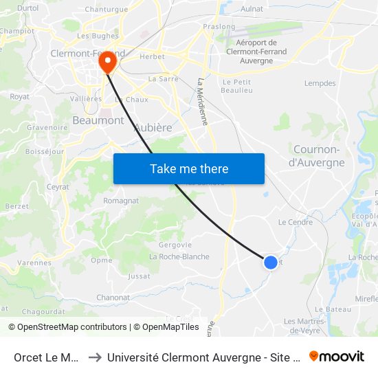 Orcet Le Moulin to Université Clermont Auvergne - Site Gergovia map
