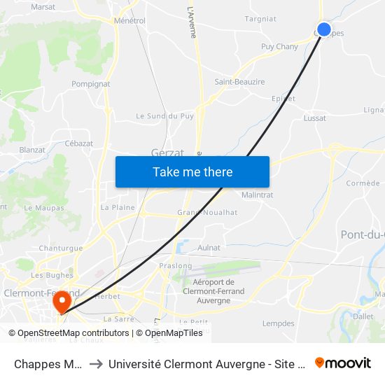 Chappes Mairie to Université Clermont Auvergne - Site Gergovia map
