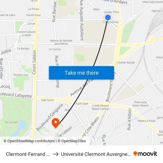 Clermont-Ferrand Esplanade to Université Clermont Auvergne - Site Gergovia map