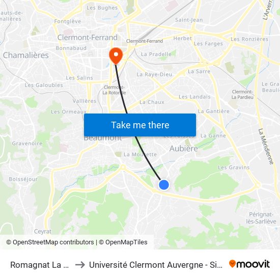 Romagnat La Bezou to Université Clermont Auvergne - Site Gergovia map