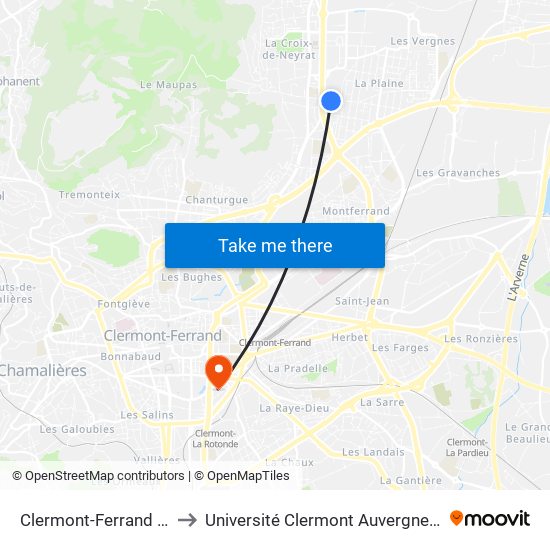 Clermont-Ferrand Leclanché to Université Clermont Auvergne - Site Gergovia map