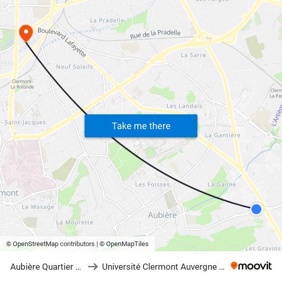 Aubière Quartier Chambon to Université Clermont Auvergne - Site Gergovia map