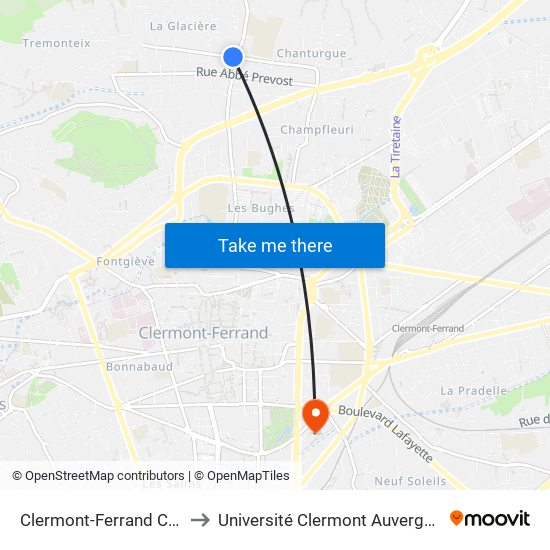 Clermont-Ferrand Côtes Fleuries to Université Clermont Auvergne - Site Gergovia map