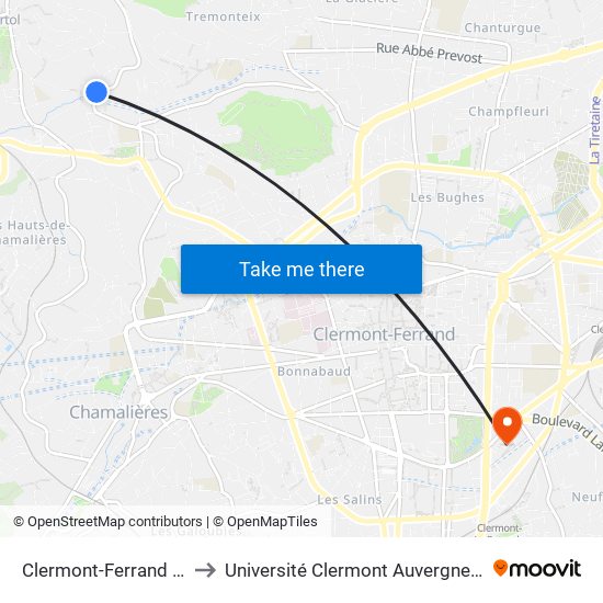 Clermont-Ferrand Pont Neuf to Université Clermont Auvergne - Site Gergovia map