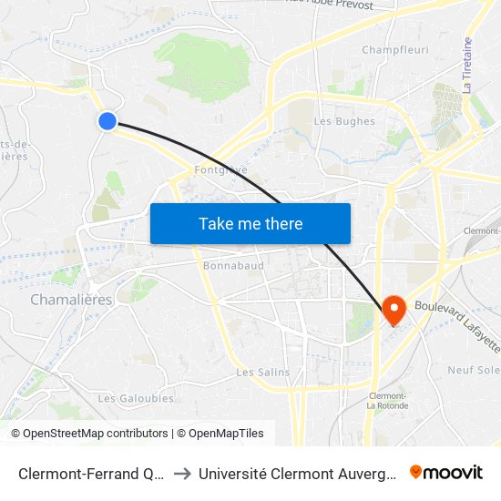 Clermont-Ferrand Quatre Routes to Université Clermont Auvergne - Site Gergovia map