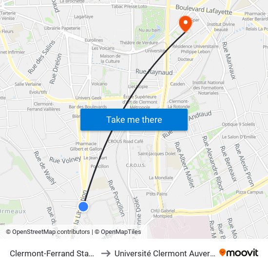 Clermont-Ferrand Stade P. Marcombes to Université Clermont Auvergne - Site Gergovia map