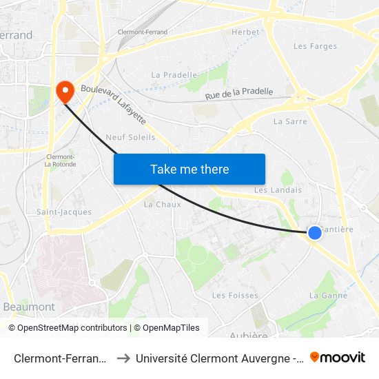 Clermont-Ferrand Foisses to Université Clermont Auvergne - Site Gergovia map