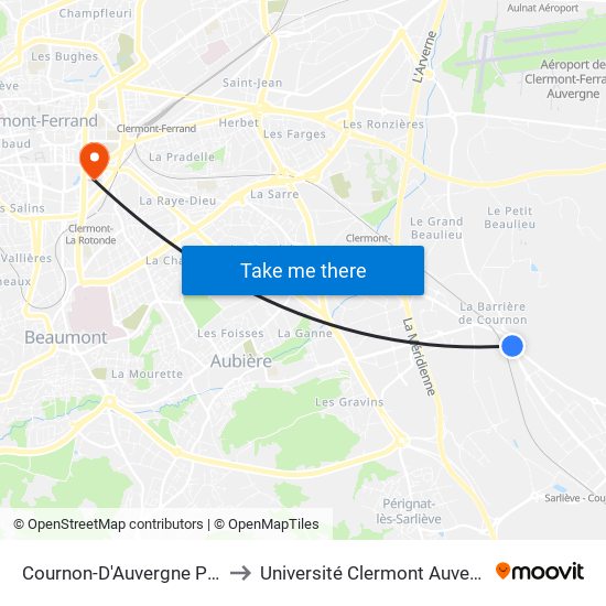 Cournon-D'Auvergne Pointe De Cournon to Université Clermont Auvergne - Site Gergovia map