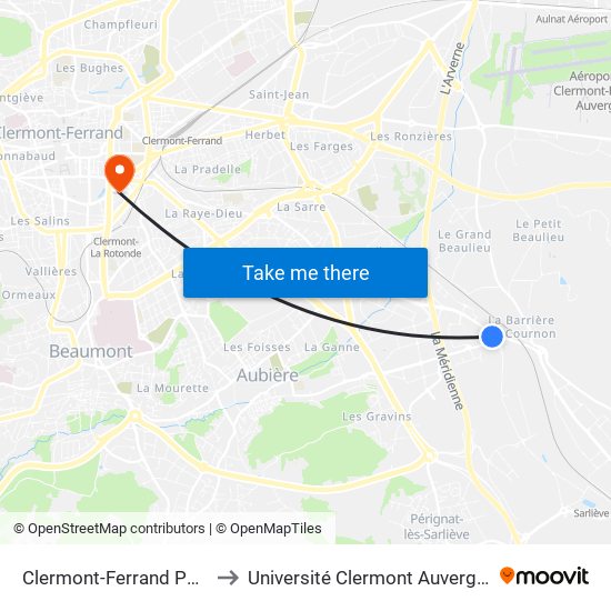 Clermont-Ferrand Pont De Sarliève to Université Clermont Auvergne - Site Gergovia map