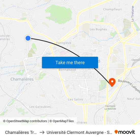 Chamalières Traversin to Université Clermont Auvergne - Site Gergovia map