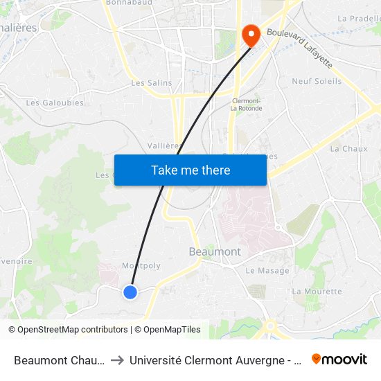 Beaumont Chaussades to Université Clermont Auvergne - Site Gergovia map