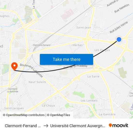 Clermont-Ferrand Agriculture to Université Clermont Auvergne - Site Gergovia map