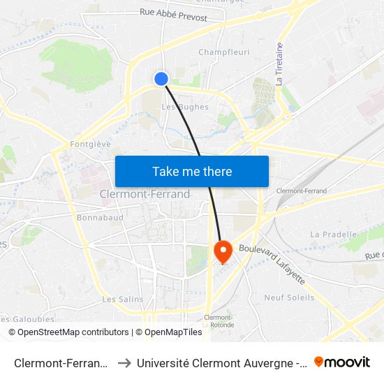 Clermont-Ferrand Bughes to Université Clermont Auvergne - Site Gergovia map