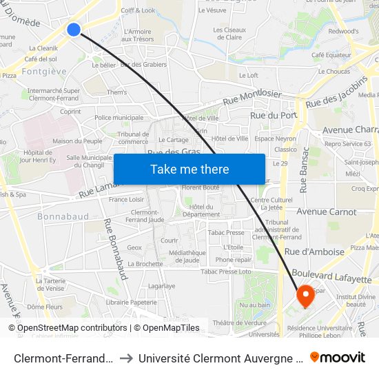 Clermont-Ferrand Diomède to Université Clermont Auvergne - Site Gergovia map