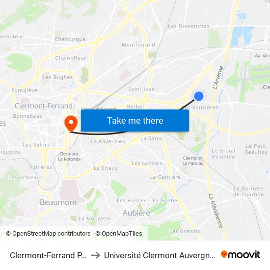 Clermont-Ferrand P. Boulanger to Université Clermont Auvergne - Site Gergovia map