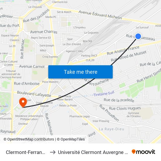Clermont-Ferrand Aubigné to Université Clermont Auvergne - Site Gergovia map