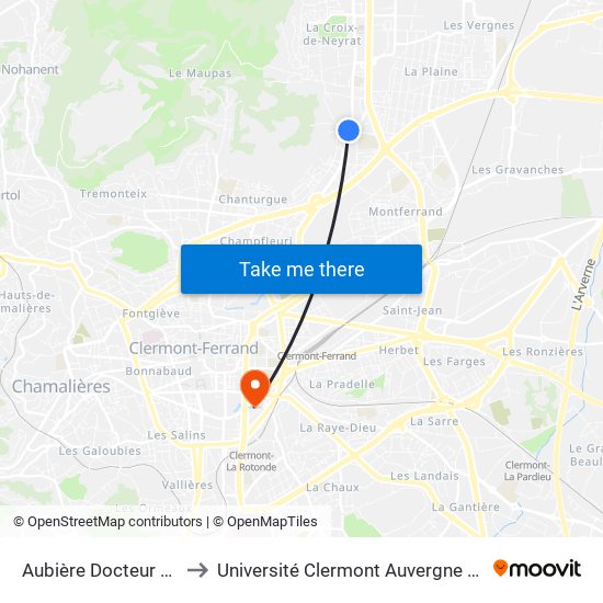Aubière Docteur Bousquet to Université Clermont Auvergne - Site Gergovia map