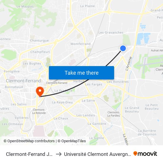 Clermont-Ferrand Jean Mermoz to Université Clermont Auvergne - Site Gergovia map